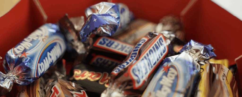 Red bowl full of candy 