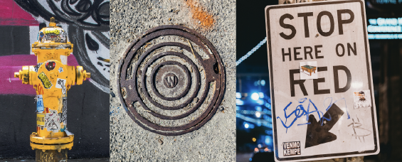 Manhole cover, fire hydrant, and stop sign Manhole cover, fire hydrant, and stop sign